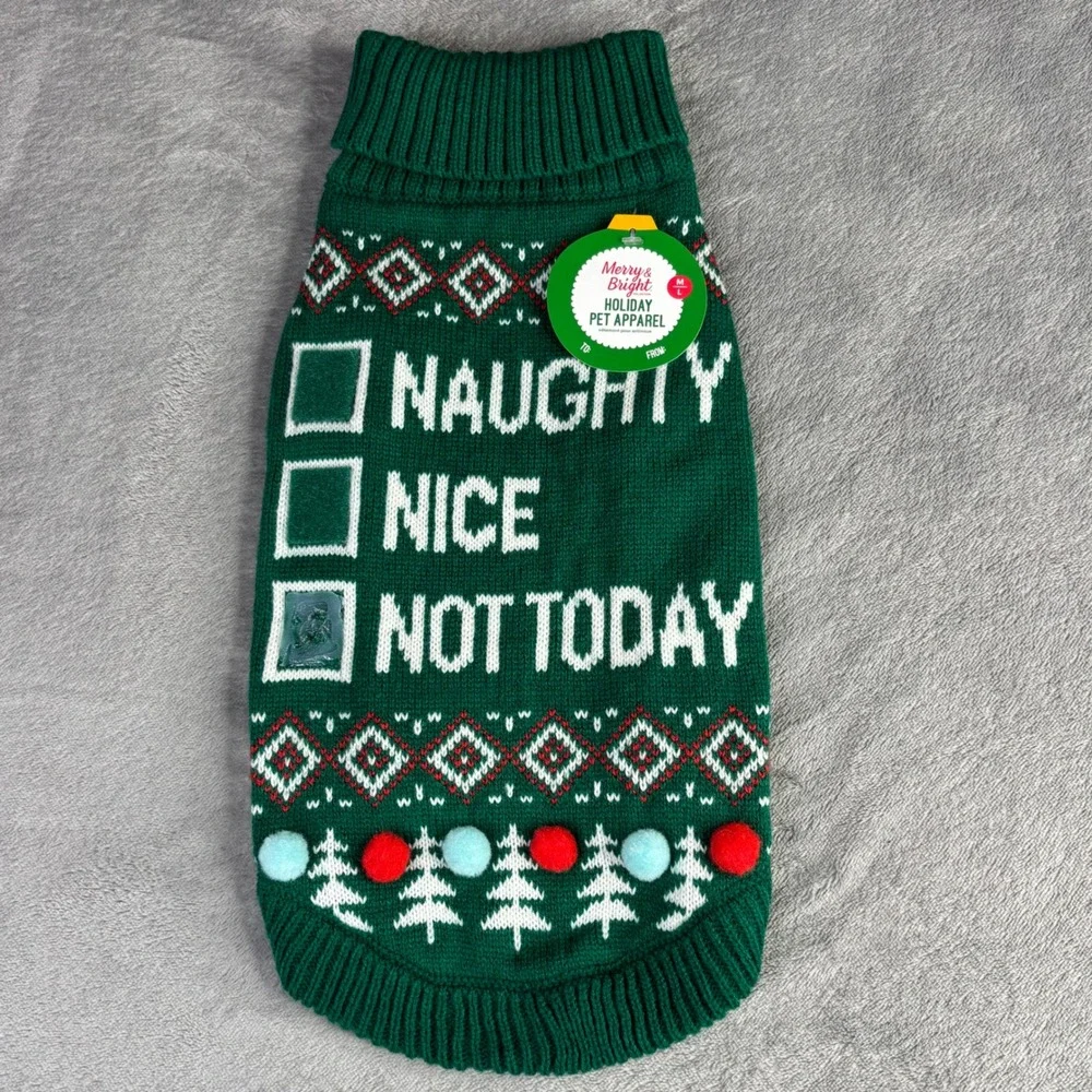 Merry & Bright Holiday Pet Sweater M/L Green Naughty Nice Not Today Pom Pom Knit